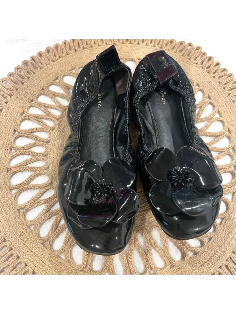 Tory Burch Floral Applique Patent Leather Ballet Flats Size 8 Black